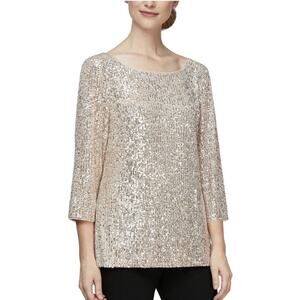 Alex Evenings Women Gold Sequin 3/4 Sleeve Evening Top Shirt M Wedding Formal